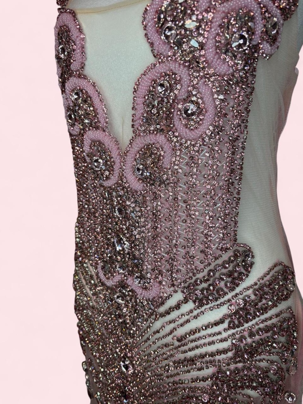 Bodycon Bedazzled Gem Sheer Pink Dress with Velvet Back - Picture 6 of 9